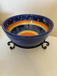 Pier 1 Serving Bowl Cypress Stripes Handpainted Blue Orange With Metal Stand. Fixed Price $26.90.