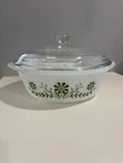 Vintage Glasbake J514 White Milk Glass 2 Qt Bowl W/ Clear Lid, Green Flowers. Fixed Price $19.95.