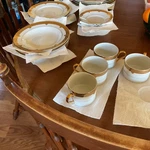 Wallace Porcelain Grande Baroque Dinner Set. Gold Trim Plates,cups Saucers Bowls. Fixed Price $200.00.