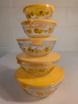 1970'S Durable Imperial Dute 5PC Glass Lidded Nesting Bowl Set Sunflower. Fixed Price $32.00.