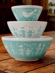 Pyrex Vintage Charm Rise 'n Shine Turquoise/white Set Of 3 Nesting Bowls *new*. Fixed Price $99.00.