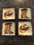 Set Of 4 Clay Art 6.5 Western Cowboy Boot Hat Appetizer Salad Snack Dip Dishes. Fixed Price $25.00.