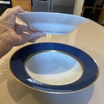 Fitz And Floyd Porcelain Renaissance Blue Gold Rim Round Soup Bowls Japan Set. Fixed Price $50.00.