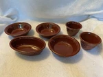 Vintage Homer Laughlin Brown OVENWARE-3 Fruit Bowls, 2 Custard Cups, Oval Baker. Fixed Price $8.00.