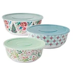Pioneer Woman 6-PIECE Melamine Set Nesting W/lids Merry Print. Fixed Price $42.40.
