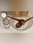 Vntg 3 Pcs - Glass Salad Bowl Wood Serving Utensils Norpro Dressing Bottle. Fixed Price $50.00.