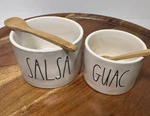 Rae Dunn Guac Salsa Bowl Set Bamboo Spoons Artisan Magenta Nib Dip. Fixed Price $22.99.