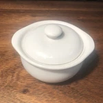 Hall Pottery Porcelain Lidded Chowder Bowl Off White #476, 12 Oz. Size, C. 1970. Fixed Price $19.90.