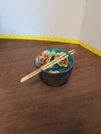 Royal Silver Finish Ramen Noodle Bowl With Chopsticks Floral Ceramic Inside. Fixed Price $14.50.