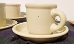 Galaxy Trend Pacific Speckled Stoneware Cup And Saucer Set, In Wheatstone, Japan. Fixed Price $12.75.