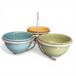 Pastel 3 Bowl Relish Dip Set Iron Ceramic Tag Spring Summer Picnic Serving Tray. Fixed Price $24.00.