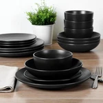 16 Piece Double Bowl Dishware Set - Matte Black. Fixed Price $54.98.