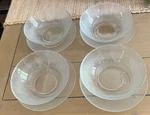 4 Rare Arcoroc Cereal Bowls Plates Trochoid Clear Glass Diamond France. Fixed Price $150.00.