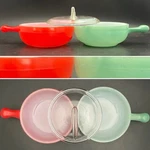 Glasbake J-314 Red & Teal 2PC French Onion Soup Bowls W/1 Fin Lid C1950S Usa. Fixed Price $32.00.