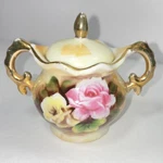 Enesco Sugar Bowl E2351 Pink Flowers With Gold Trim Miniature. Fixed Price $6.00.