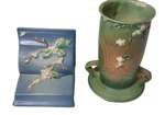 Vtg Roseville Pottery Snowberry Green 8" Vase & Bookend (damaged) 2 Pc Lot. Fixed Price $59.98.