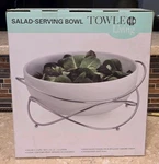 Towle Living Ceramic Salad Serving Bowl With Metal Stand, White New Open Box. Fixed Price $30.00.