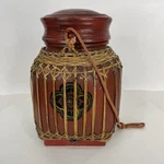 Vtg Bamboo Rice Container Red Lacquer Hand Painted Asian Thailand Old 10". Fixed Price $119.99.