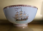 Antique Chinese Export 10" Bowl With Sailing Trading Ship Foreign Flag. Fixed Price $99.00.
