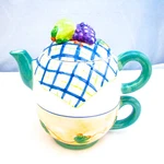 Bella Casa By Ganz Pear/grape With Plaid Tea-for-one Set (teapot/cup Combo) New. Fixed Price $66.26.