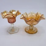 2 Carnival Glass Footed Candy Bowls Compotes Iridescent Marigold Orange Set. Fixed Price $24.50.