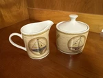 Rare American Atelier Sugar Bowl & Creamer Set Chesapeake 5038 Sailing Beach Sea. Fixed Price $26.00.