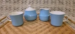Mikasa Cera-stone Blue & White Tea Cups, Creamer Pitcher, Sugar Bowl Set 1970'S. Fixed Price $54.99.