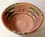 Round Hand Woven Coiled Basket M/l Green Dk. Brown Wheat Terra Cotta African?. Fixed Price $42.50.