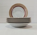 Mikasa Soup Bowls 3/8" Grandeur Taupe Burgundy Red Band Gold Trim Set Of 6. Fixed Price $37.99.