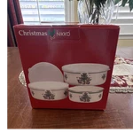 Nikko Christmas Tree Enamel On Steel Bowls Set, Six-piece With Plastic Covers. Fixed Price $35.00.