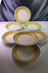 Italy Primula 7 Luncheon Plates PRL3 Thick Yellow Two Sky Blue Bands. Fixed Price $63.00.