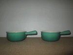 Pair Of 2 Creuset French Onion Soup 16 Oz Bowls W/handle Fennel Green. Fixed Price $78.00.