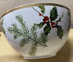 St. Nicholas Square Holiday Laurel Large Serving Bowl Holly Berry Pine Cone Gold. Fixed Price $25.00.