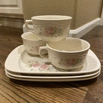 Vtg Pfaltzgraff Tea Rose Sandwich Soup Sets Lot Of 3 Tray & Cup Pink Floral Usa. Fixed Price $54.99.