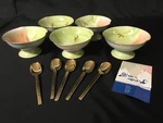 5 Japanese Arita Pedestal Ice Cream Desert Bowls With Golden Spoons Set 1970S. Fixed Price $99.99.