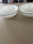 Vintage Pyrex Bowls 705-7 & 705-35 Milk Glass Teal Blue Stripe Tableware. Fixed Price $25.00.