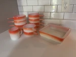 Vintage Glasbake Orange White Ten-piece Bowl Square Set Round Shapes. Fixed Price $65.00.