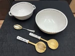 Lot Of 2 Large Bowls With 3 Serving Spoons Mud Pie Stuffing Salad Dressing. Fixed Price $69.00.