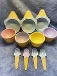 Vtg Waffle Cone Ice Cream Bowl & Spoon Set Plastic 11 Piece. Fixed Price $15.00.