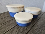Vintage 1940 Universal Potteries Blue Ringware Nesting Mixing Bowl Set 3PC Lid. Fixed Price $45.00.