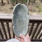 Hand Carved Etched Green/gray Soapstone Oval Bowl Trinket Dish Artist Signed. Fixed Price $15.99.
