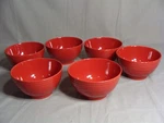 6 Red Stoneware Soup/cereal Bowls With Raised Rings Border. Fixed Price $36.00.