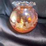Cranberry Glass Globe Rose Bowl Ruffled Edge Etched Love Birds Made In Canada. Fixed Price $15.00.