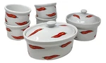 Bia Cordon Bleu Chili Pepper Set Covered Casserole Dish & Salsa Soup Bowls Crock. Fixed Price $69.99.