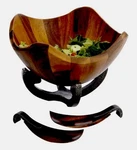 Nambe Anvil Four-piece Acacia Wood Salad Bowl, Scroll Metal Base W/two Servers. Fixed Price $99.00.