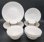 12- Gibson Ultra Swirl Opal Glass Dinner Plates, Cereal Bowls & Dessert. Fixed Price $31.99.