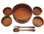 Vintage Hand Made Acacia Wood Lg Salad Bowl Serving 7 Piece Set. Fixed Price $50.00.