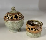 Dicksons Ceramic Reactive Glaze Bowl & Pot Love Never Fails Let Light Shine Vtg. Fixed Price $9.00.