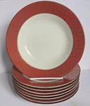 Mikasa Parchment Red L3471 Rim Soup Bowls Elegant Gold Scrolls Set Of 8 Nwt. Fixed Price $76.97.