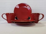 Crate And Barrel Plates Mugs CBL202 Red Salad Luncheon Brown Trim Artisanal 5 Pc. Fixed Price $43.99.